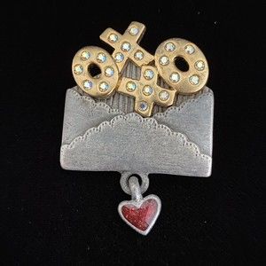 AJMC Vintage Brooch Pin XOXO Love Envelope w/ Red Heart and Rhinestones